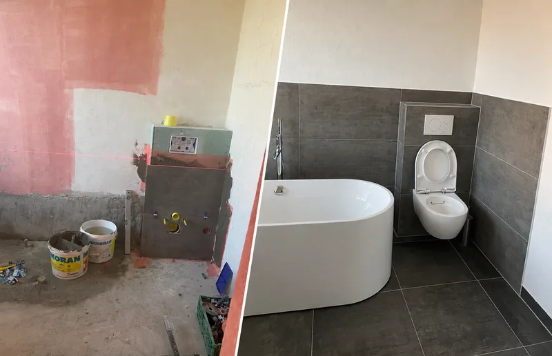 Badezimmer mit freistehender Wanne vorher und nachher