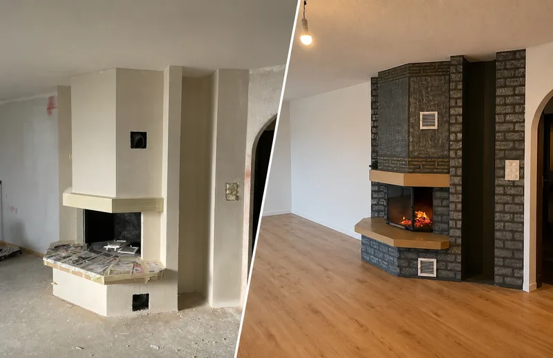 Wohnzimmer mit Cheminée vorher und nachher